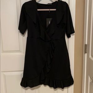 PLT Black Frill Detail Wrap Dress